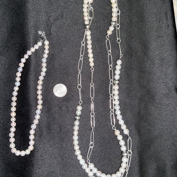 60” Heavy Sterling Silver Italian Paperclip & Freshwater Pearl Choker Necklace - Picture 3 of 8